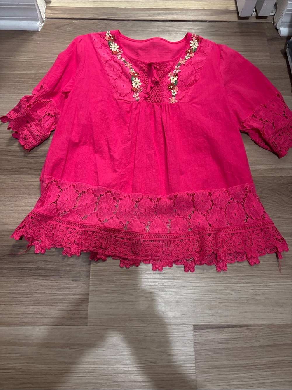 Floral Embroidered Lace-Trim Top - Hot Pink